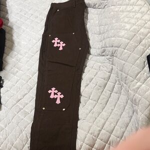 Brown Cargo Pants with Pink Cross Appliqués